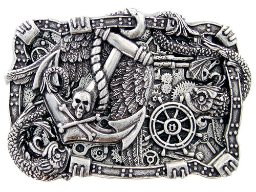 Antique Silver Boat Anchor Rudder Skull Punk Engraved Belt Buckle