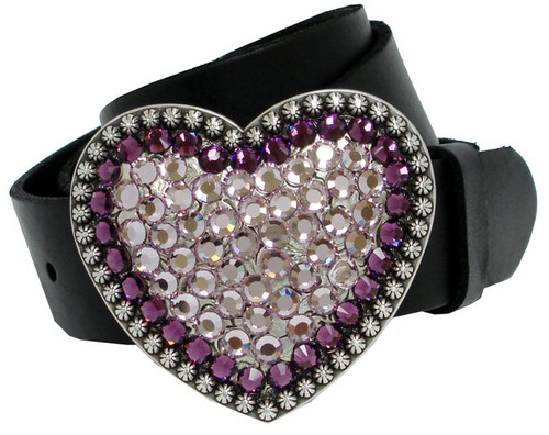 Amethyst Rhinestone Crystal Heart Buckle Genuine Full Grain Leather Belt 1-1/2"(38mm) Wide