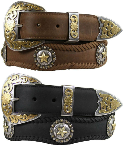 Abilene Gold Star Conchos Crazy Horse Scalloped Genuine Leather Western Belt 1-1/2"(38mm) Wide