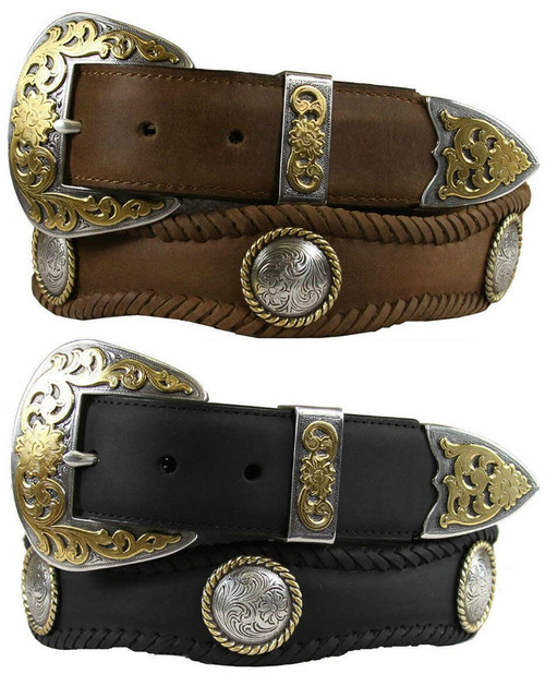 Lord Jim Western Belt Crazy Horse Scalloped Genuine Leather Conchos Belt 1-1/2"(38mm) Wide