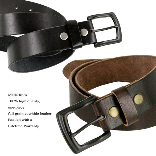 Black Engraved Classic Buckle Genuine Full Grain Leather Casual Jean Belt 1-1/2"(38mm) Wide