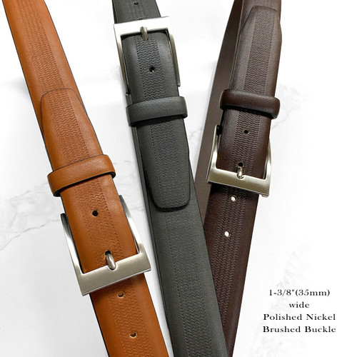 LA1130 Men's Belt Engraved Vegan Synthetic Leather Casual Dress Belt 1-3/8"(35mm) Wide