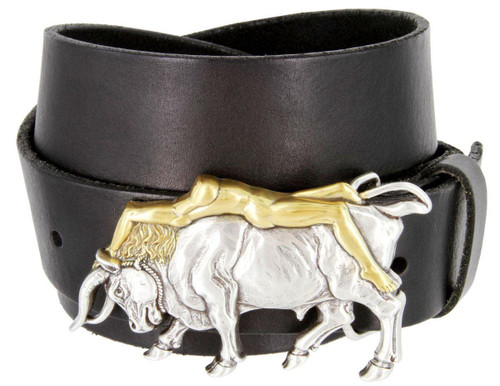 Antique Gold Lady Bull Engraved Buckle Genuine Full Grain Leather Casual Jean Belt 1-1/2"(38mm) Wide