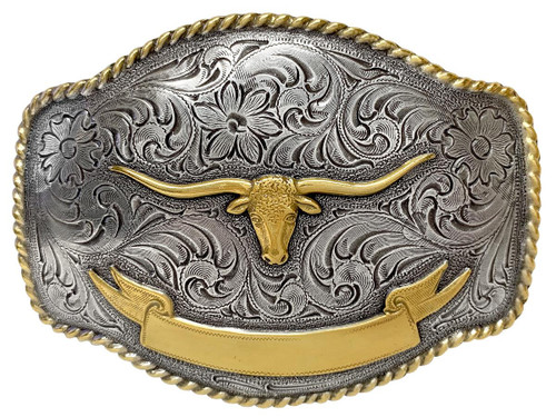 HA0435 Antique Gold Longhorn Steer Engraved Western Rope Belt Buckle