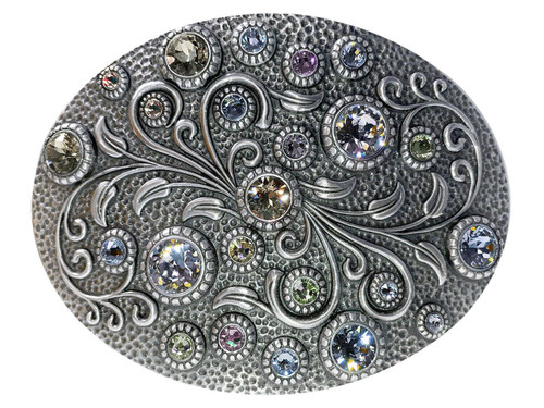 Rhinestone Crystal Belt Buckle Antique Oval Floral Engraved Buckle - Silver-Crystal Paradise Shine