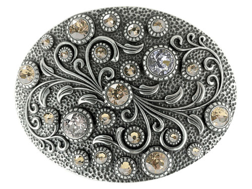 Rhinestone Crystal Belt Buckle Antique Oval Floral Engraved Buckle - Silver-Light SILK