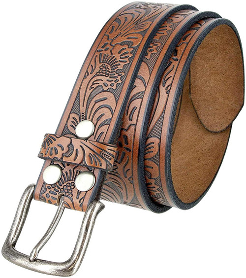 Western Floral Engraved Embossed Tooled Genuine Leather Casual Belt 1-1/2"(38mm) Wide