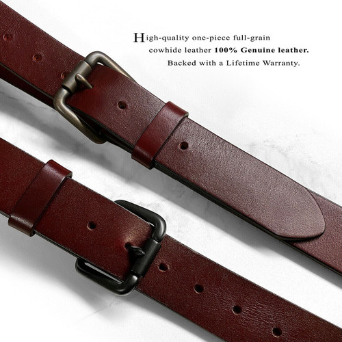 Classic Roller Buckle Burgundy Belt Genuine Full Grain Leather Casual Jean Belt 1-1/2"(38mm) Wide