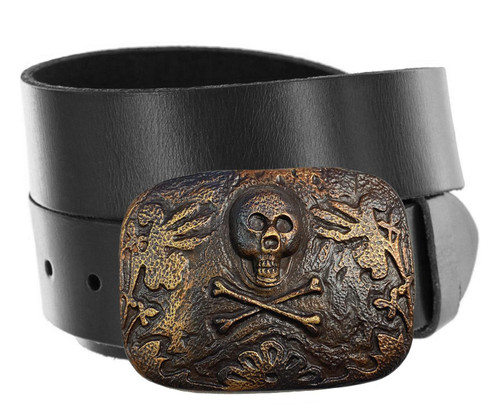 Vintage Antique Brass Skull Engraved Buckle Genuine Full Grain Leather  Casual Jean Belt 1-1/2