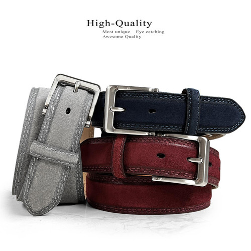 Classic Nickel Brushed Buckle Men's Suede Belt Genuine Leather Casual Dress Belt 1-3/8"(35mm) Wide