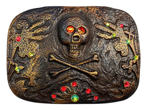 Rhinestone Unique Buckle Vintage Rustic Copper Skull Engraved Buckle Fits 1-1/2"(38mm) Belt (Fire Opal-Lt Siam-Vitrail Medium)
