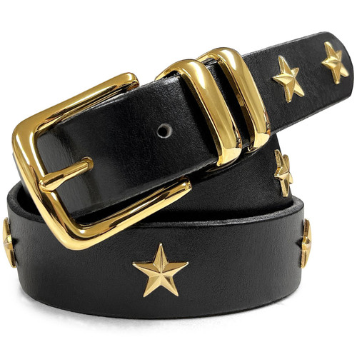 Punk Belt Gold Star Conchos Genuine Full Grain One Piece Leather Casual Dress Belt 1-1/8"(30mm) wide