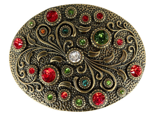 Rhinestone Crystal Oval Belt Buckle Antique Brass Floral Engraved Buckle (Crystal-LtSiam-FernGreen-Emerald-Tangerine)