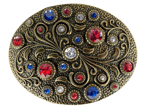 Rhinestone Crystal Oval Belt Buckle Antique Brass Floral Engraved Buckle (Crystal-Capri Blue-Lt Siam)