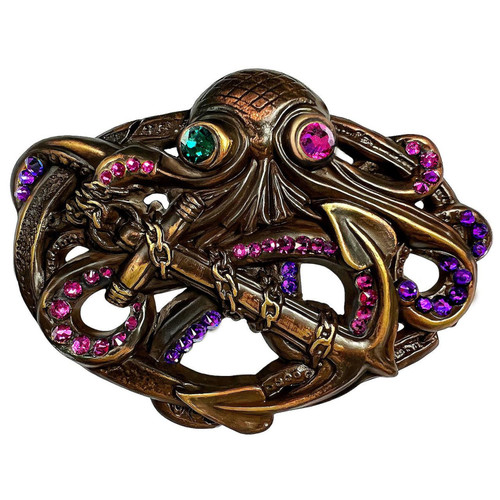 Rhinestone Copper Steampunk Pirate Octopus Kraken Boat Anchor Belt Buckle Fits 1-1/2"(38mm) Belt (Emerald - Fuchsia - Heliotrope)