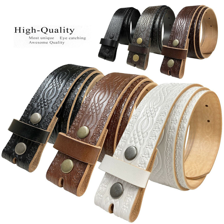 BS085 Genuine Full Grain Engraved Embossed Leather Belt Strap with Snaps on 1-1/2"(38mm) Wide