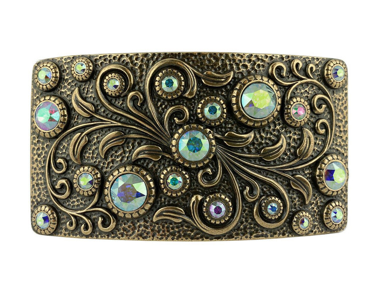 HA0850 OEB Rhinestone Crystal Belt Buckle Antique Rectangle Floral Engraved Buckle (Crystal-AB)