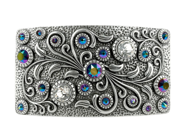 HA0850 LASRP Rhinestone Crystal Belt Buckle Antique Rectangle Floral Engraved Buckle (Crystal-Scarabaeus Green)