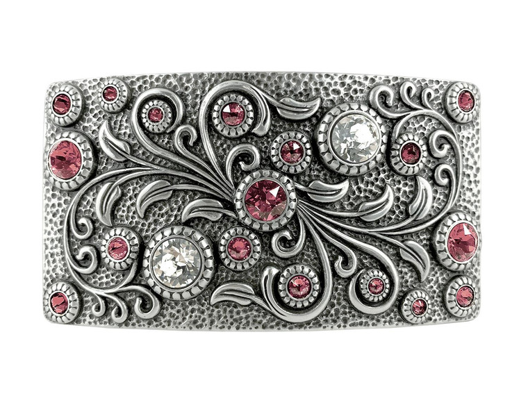 HA0850 LASRP Rhinestone Crystal Belt Buckle Antique Rectangle Floral Engraved Buckle (Crystal-Rose)