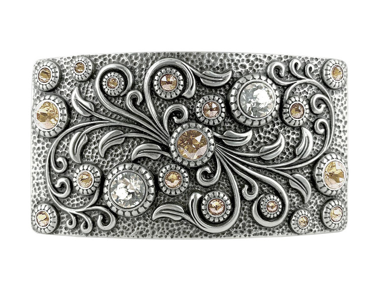 HA0850 LASRP Rhinestone Crystal Belt Buckle Antique Rectangle Floral Engraved Buckle (Crystal-Light Silk)