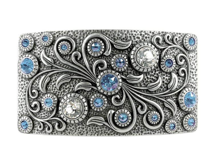 HA0850 LASRP Rhinestone Crystal Belt Buckle Antique Rectangle Floral Engraved Buckle (Crystal-Light Sapphire)