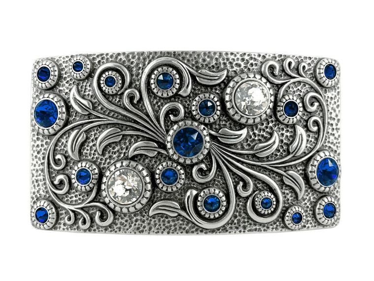 HA0850 LASRP Rhinestone Crystal Belt Buckle Antique Rectangle Floral Engraved Buckle (Crystal-Capri Blue)