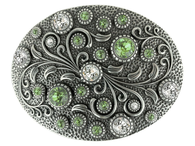 Rhinestone Crystal Belt Buckle Antique Oval Floral Engraved Buckle - Silver-Crystal Peridot