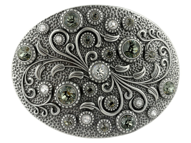 Rhinestone Crystal Belt Buckle Antique Oval Floral Engraved Buckle - Silver-Crystal Black Diamond