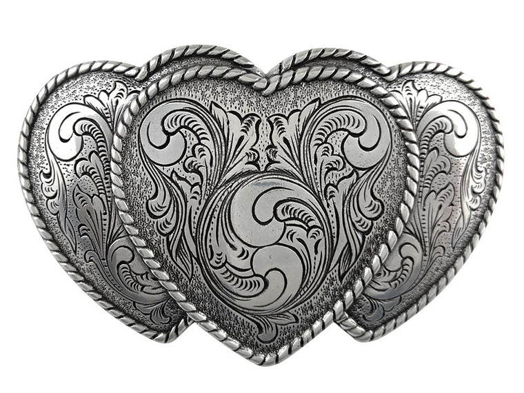 Western Antique Silver Triple Hearts Floral Engraved Buckle