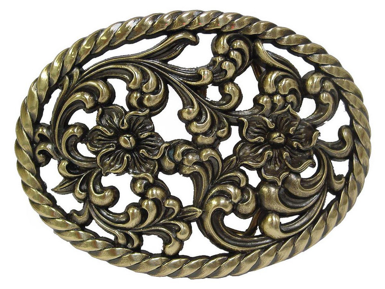 HA0131-OEB Antique Brass Flower Engraved Buckle fits 1-1/2" Wide