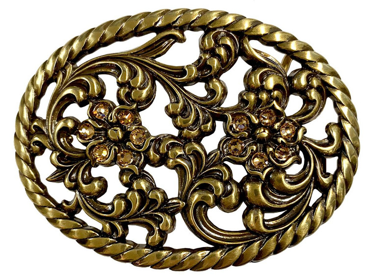 Antique Brass Flower Engraved Light Colorado Topaz Rhinestone Buckle fits 1-1/2" Wide Belt