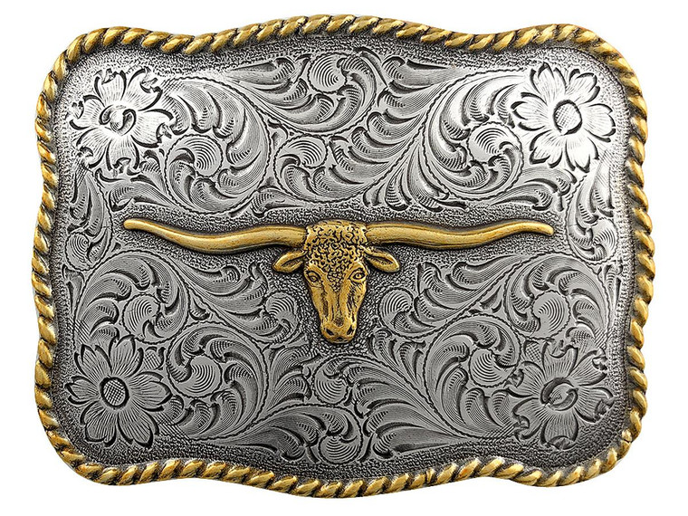 Western Texas Longhorn Steer Antique Silver and Gold Belt Buckle