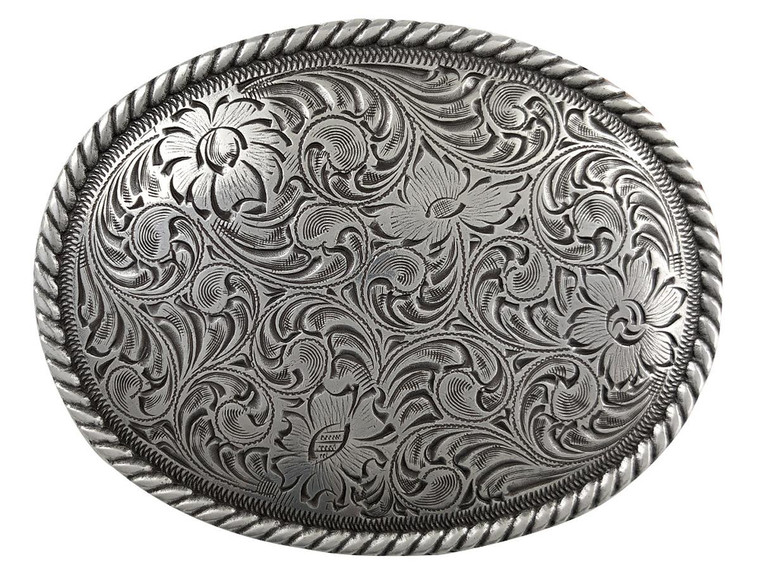 Western Antique Silver Floral Engraved Pattern Rope Edged Belt Buckle