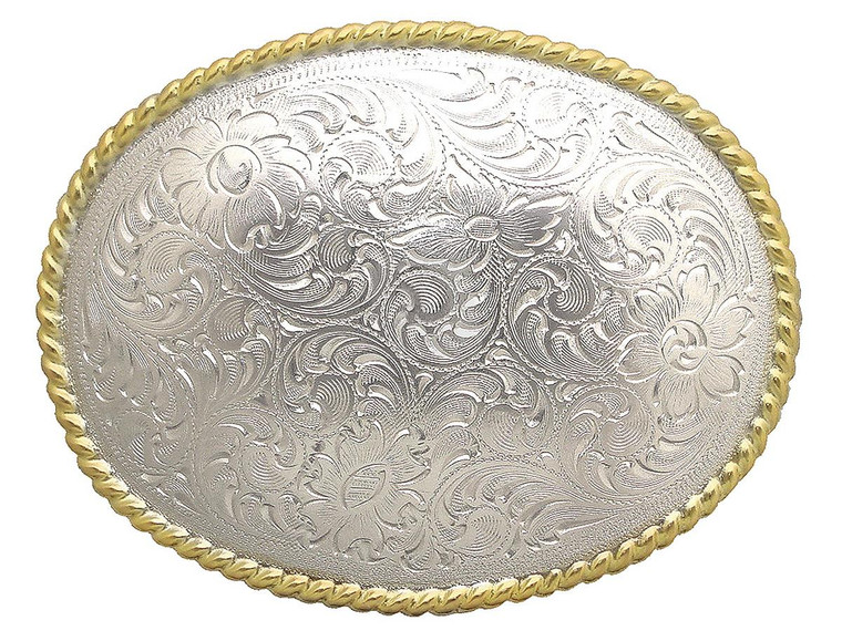 Western Shiny Sterling Silver Flower Engraved Pattern Rope Edged Belt Buckle