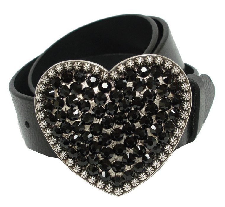 Black Jet Rhinestone Crystal Heart Buckle Genuine Full Grain Leather Belt 1-1/2"(38mm) Wide