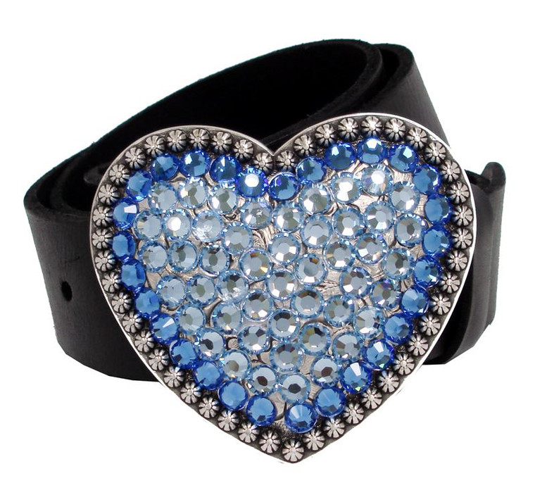 Sapphire Rhinestone Crystal Heart Buckle Genuine Full Grain Leather Belt 1-1/2"(38mm) Wide