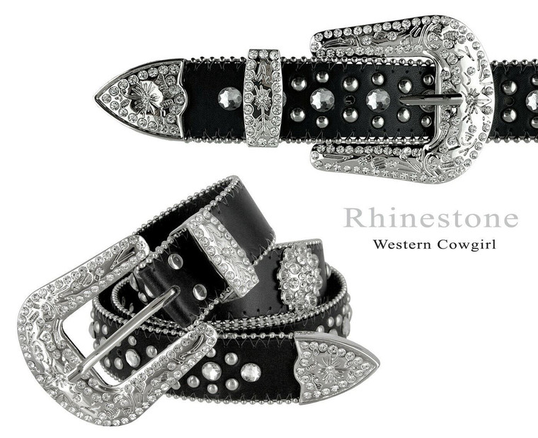 50128 Rhinestone Belt Fashion Western Bling Crystal Genuine Leather Belt 1-1/2"(38mm) Wide