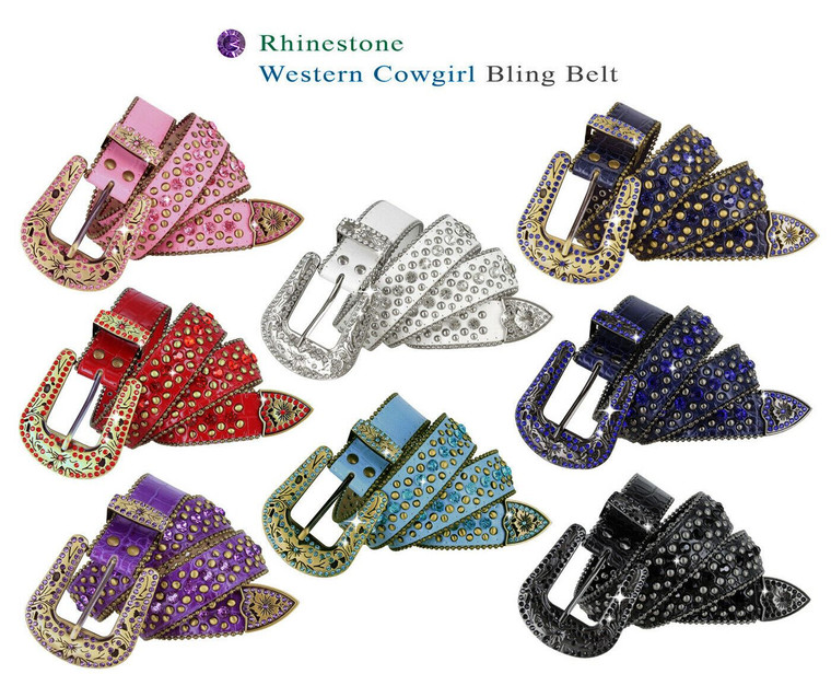 35116 Rhinestone Belt Fashion Western Bling Crystal Genuine Leather Belt 1-3/8"(35mm) Wide