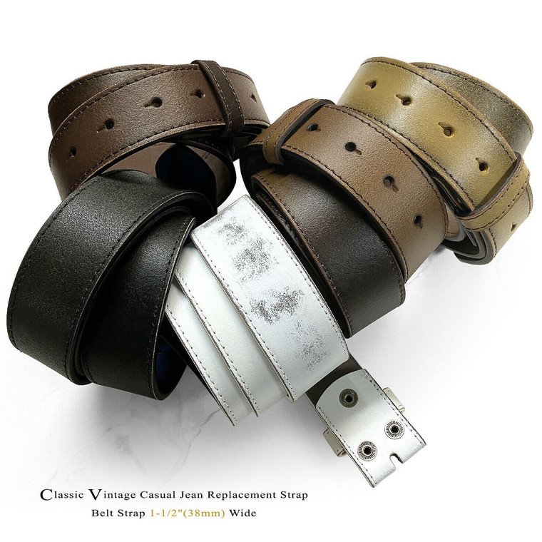 BS57 Vintage Classic Casual Jean Genuine Leather Belt Strap with Snaps on 1-1/2"(38mm) Wide