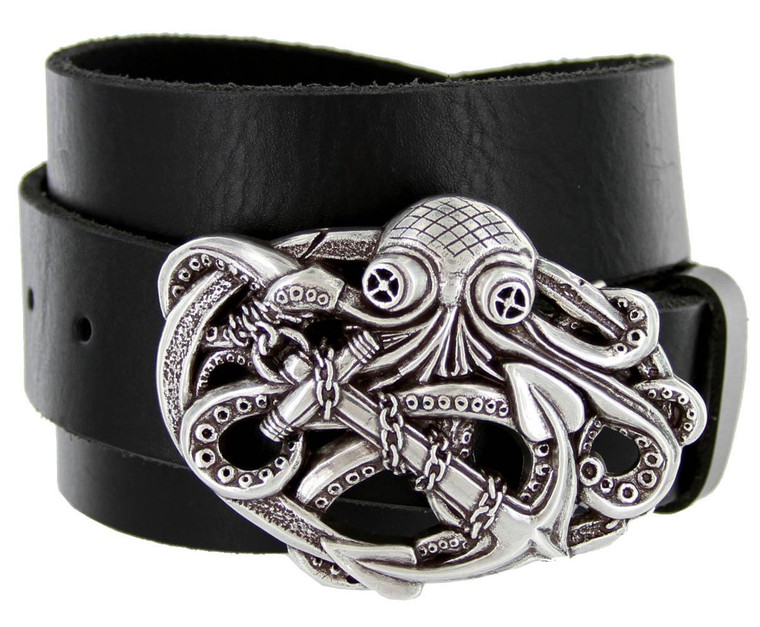Steampunk Pirate Octopus Buckle Genuine Full Grain Leather Casual Jean Belt 1-1/2"(38mm) Wide