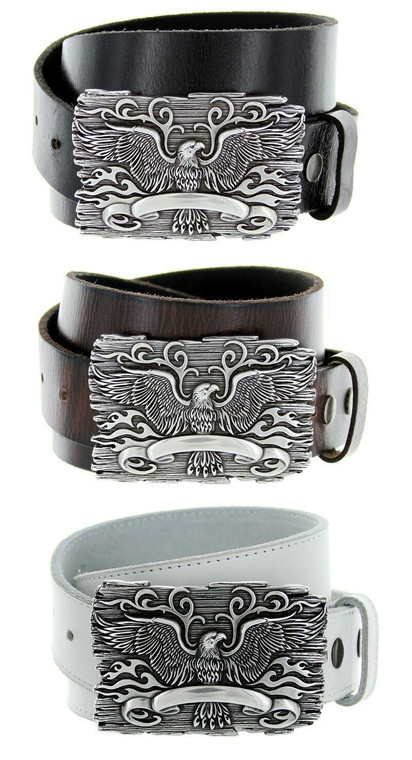 Antique Eagle Crest Engraved Buckle Genuine Full Grain Leather Casual Jean Belt 1-1/2"(38mm) Wide