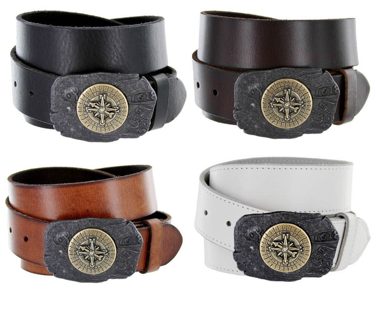 Compass Buckle Genuine Full Grain Leather Casual Jean Belt 1-1/2"(38mm) Wide