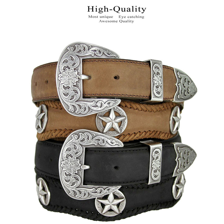 Austin Texas Star Conchos Crazy Horse Scalloped Genuine Leather Western Belt 1-1/2"(38mm) Wide