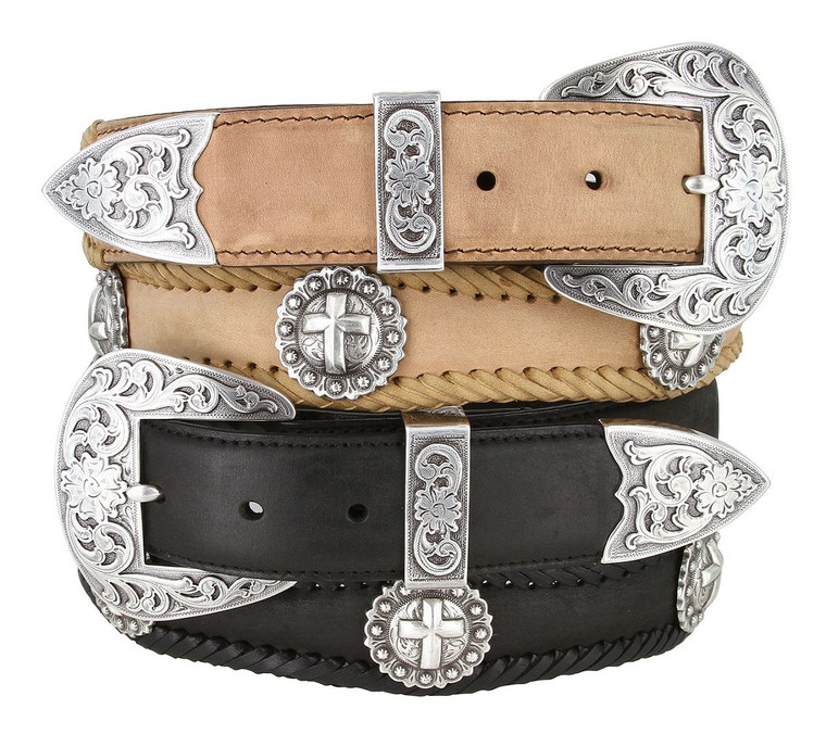 Silver Cross Conchos Crazy Horse Scalloped Genuine Leather Western Belt 1-1/2"(38mm) Wide