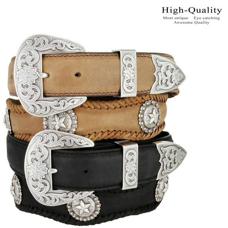 Silver Abilene Star Conchos Crazy Horse Scalloped Genuine Leather Western Belt 1-1/2"(38mm) Wide