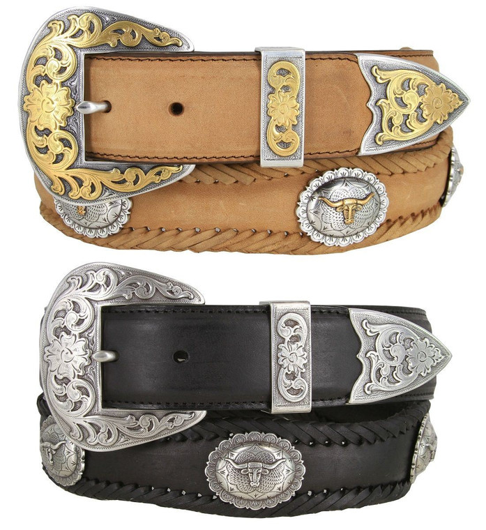 Western Longhorn Steer Conchos Crazy Horse Scalloped Genuine Leather Belt 1-1/2"(38mm) Wide
