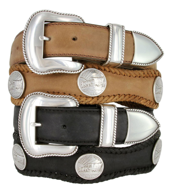 Oregon Trail Coin Conchos Crazy Horse Scalloped Genuine Leather Western Belt 1-1/2"(38mm) Wide