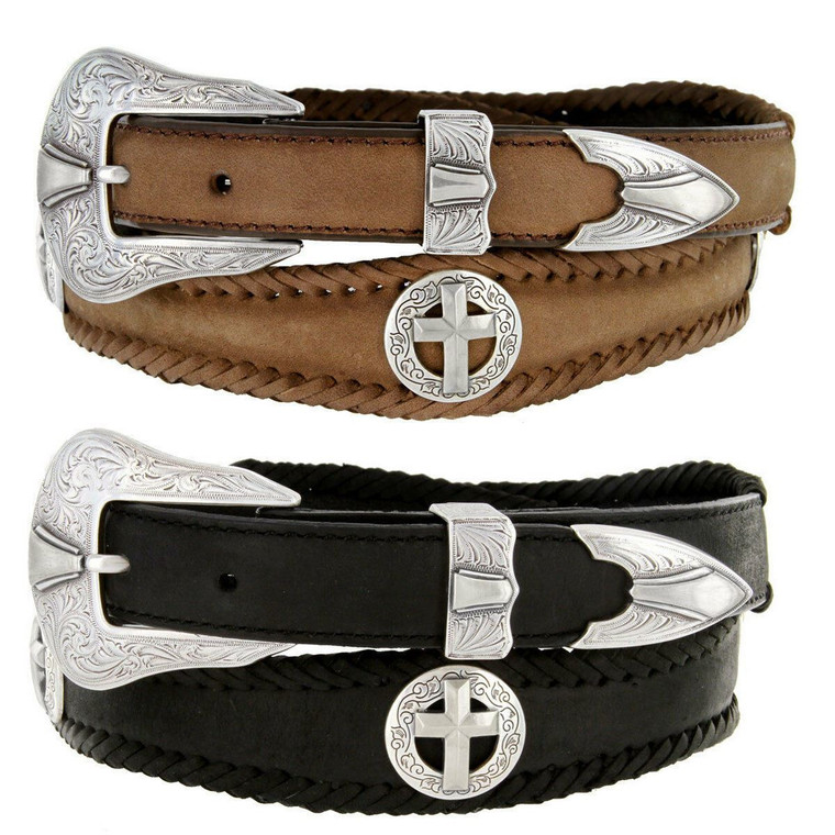 Antique Silver Cross Conchos Crazy Horse Scalloped Genuine Leather Western Belt 1"(25mm) Wide
