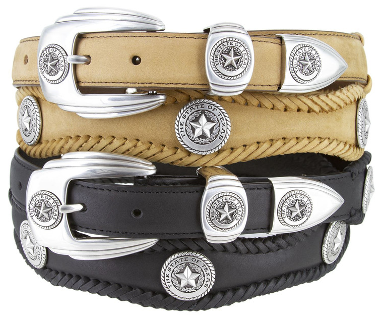 State of Texas Silver Star Conchos Crazy Horse Scalloped Genuine Leather Western Belt 1"(25mm) Wide