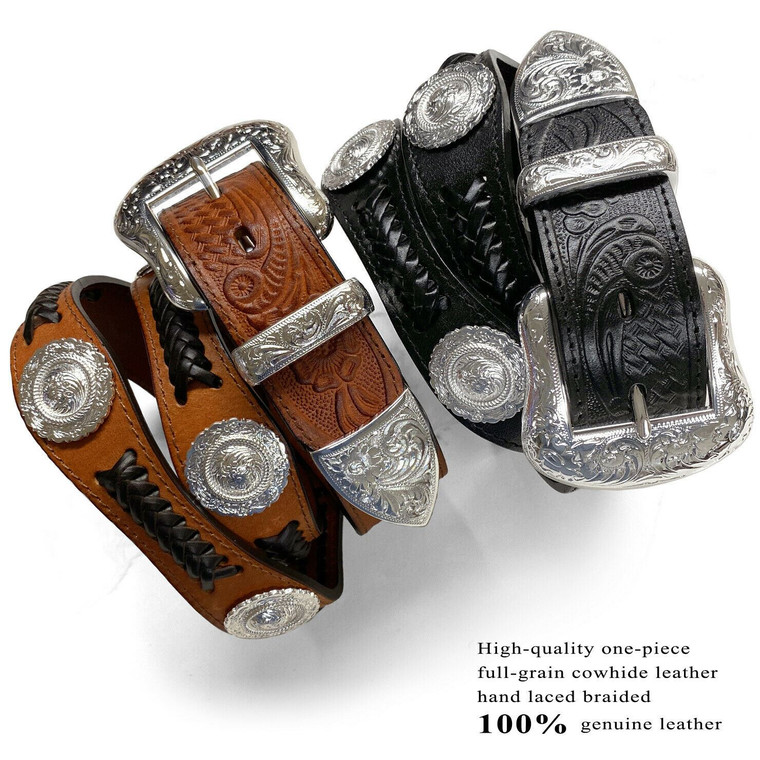 Western Conchos Belt Floral Engraved Hand Laced Braided Genuine Full Grain Leather 1-1/2"(38mm) Wide